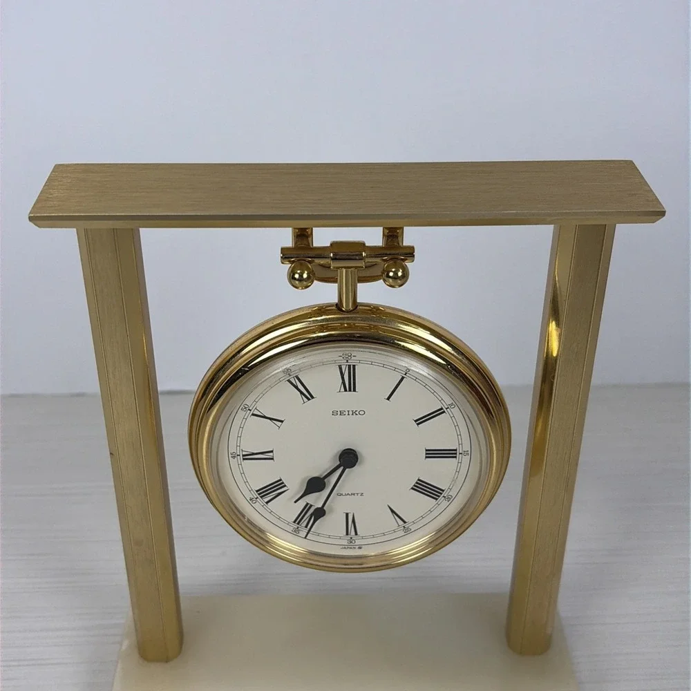 Vintage Seiko QZ 121 G Quartz Desk Clock Brass and Marble Stand Made in Japan